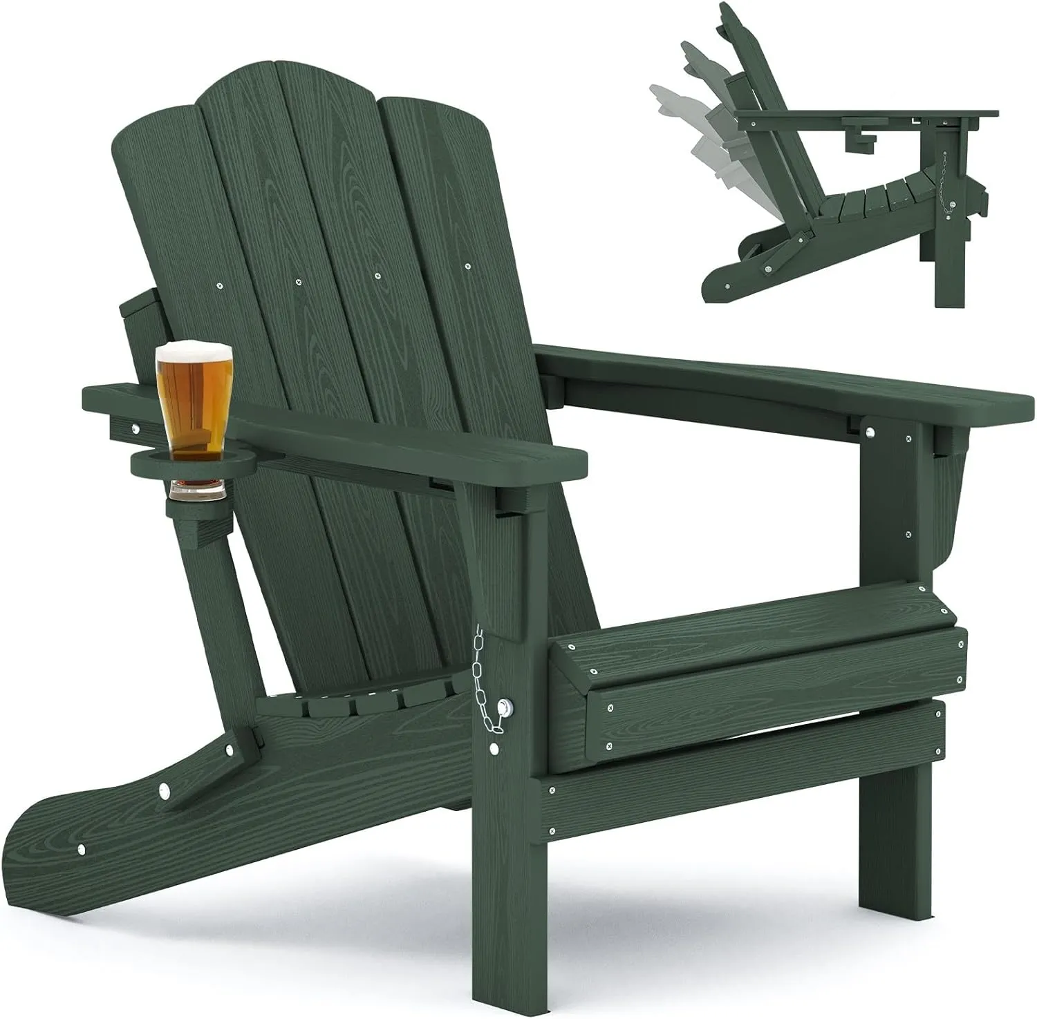 KINGYES Folding Adjustable Backrest Adirondack Chair with Cup Holder, Green