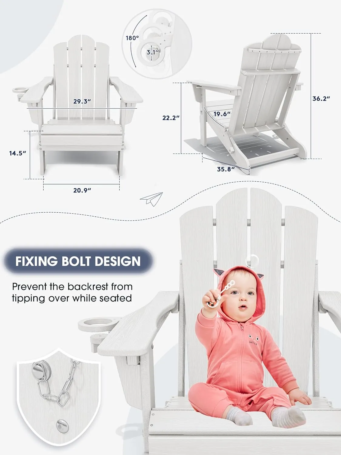 KINGYES Folding Reclining Adirondack Chair with Cup Holder, All Weather Resistance, HDPE