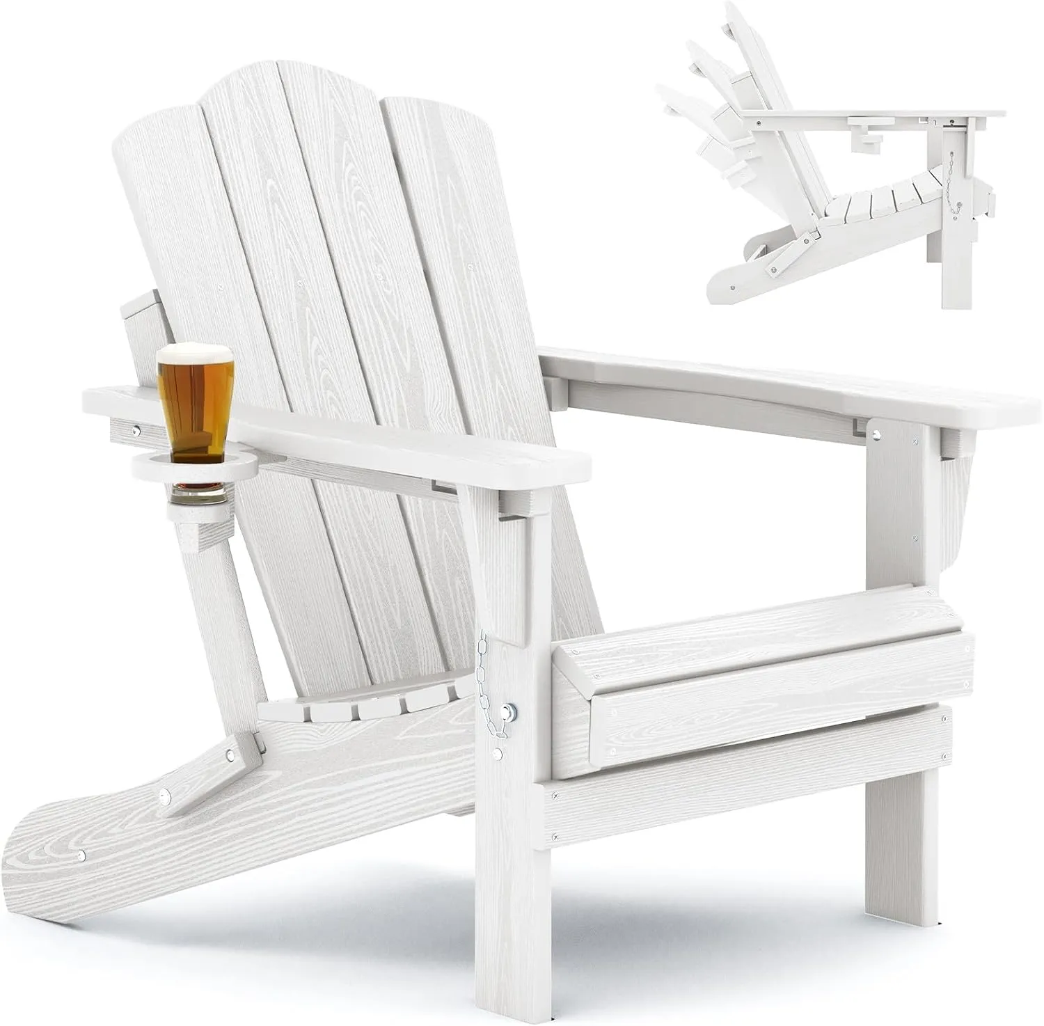 KINGYES Folding Reclining Adirondack Chair with Cup Holder, All Weather Resistance, HDPE