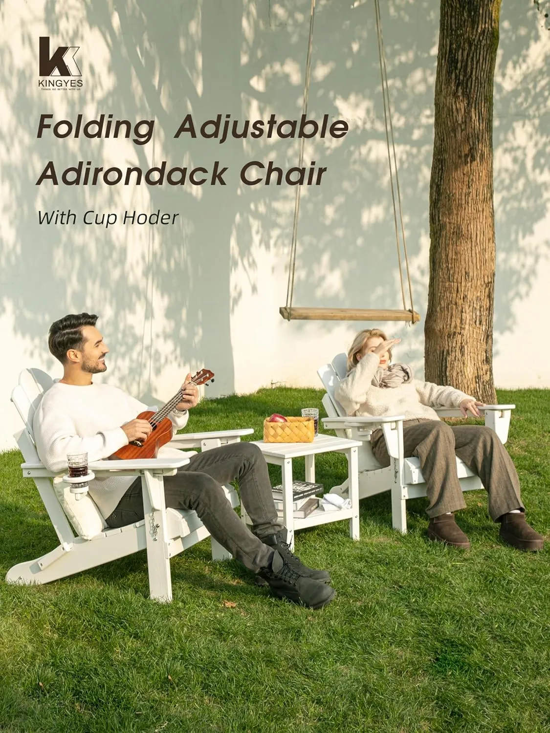 KINGYES Folding Reclining Adirondack Chair with Cup Holder, All Weather Resistance, HDPE