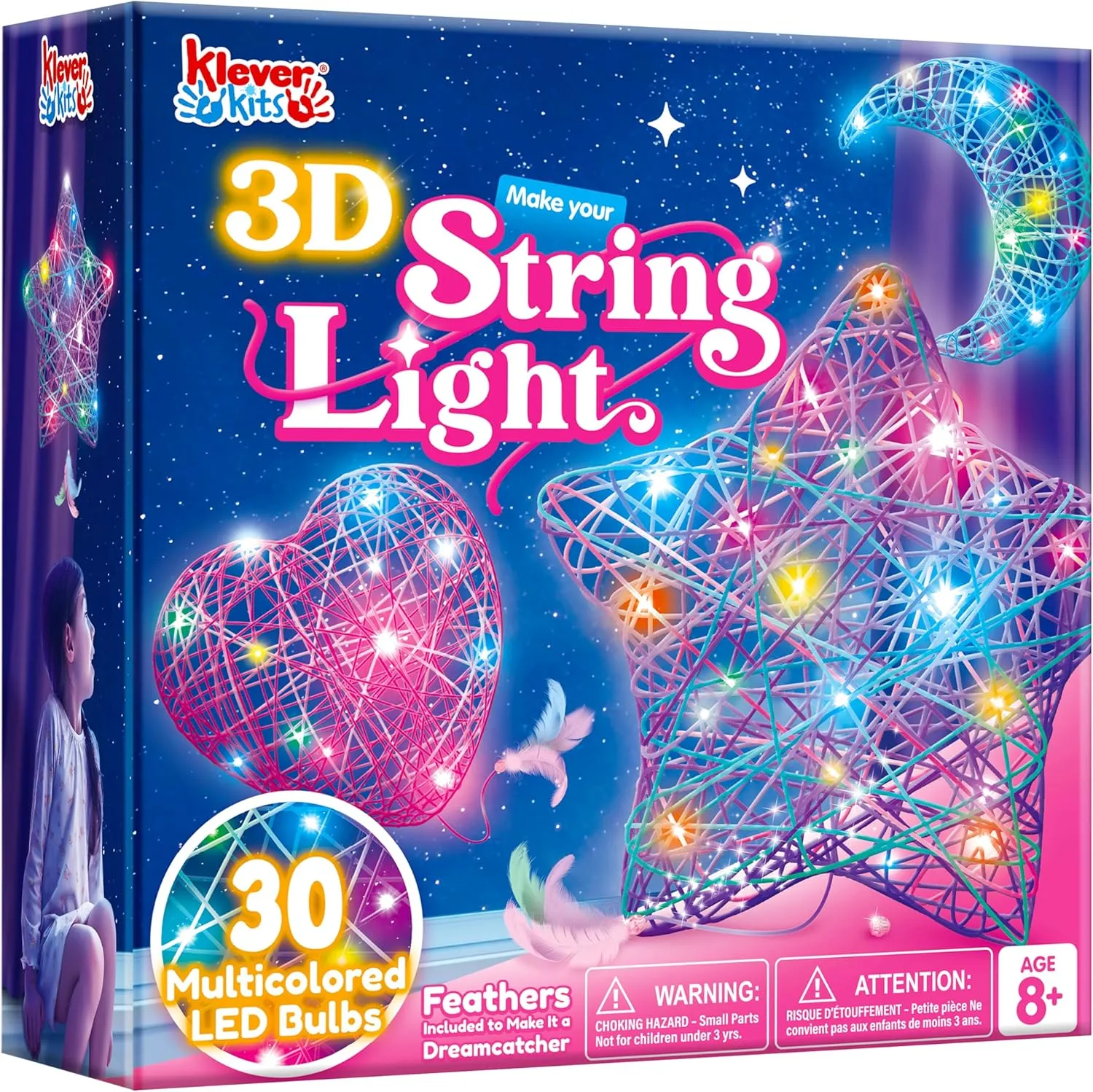 Klever Kits 3D String Art Kit for Kids, Light Up String Light Toy with 30 Multi-Colored LED Bulbs, Arts and Crafts Set, Birthday Gifts for Girls and Boys Ages 8 