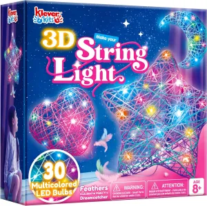 Klever Kits 3D String Art Kit for Kids, Light Up String Light Toy with 30 Multi-Colored LED Bulbs, Arts and Crafts Set, Birthday Gifts for Girls and Boys Ages 8 