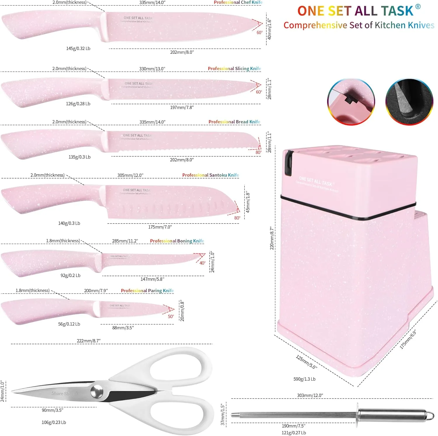 Knife Set with Block, High Carbon Stainless Steel Knife Block Set, Kitchen Knife Block Set with Built in Sharpener, Scissor, Chef, Bread, Santoku, Fruit, Boning, Serrated Bread Knife Set