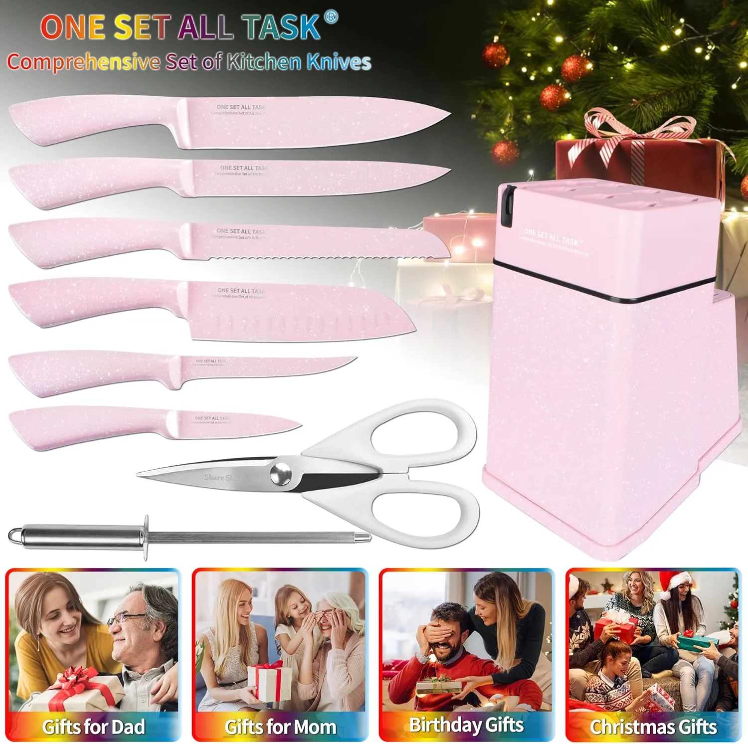 Knife Set with Block, High Carbon Stainless Steel Knife Block Set, Kitchen Knife Block Set with Built in Sharpener, Scissor, Chef, Bread, Santoku, Fruit, Boning, Serrated Bread Knife Set