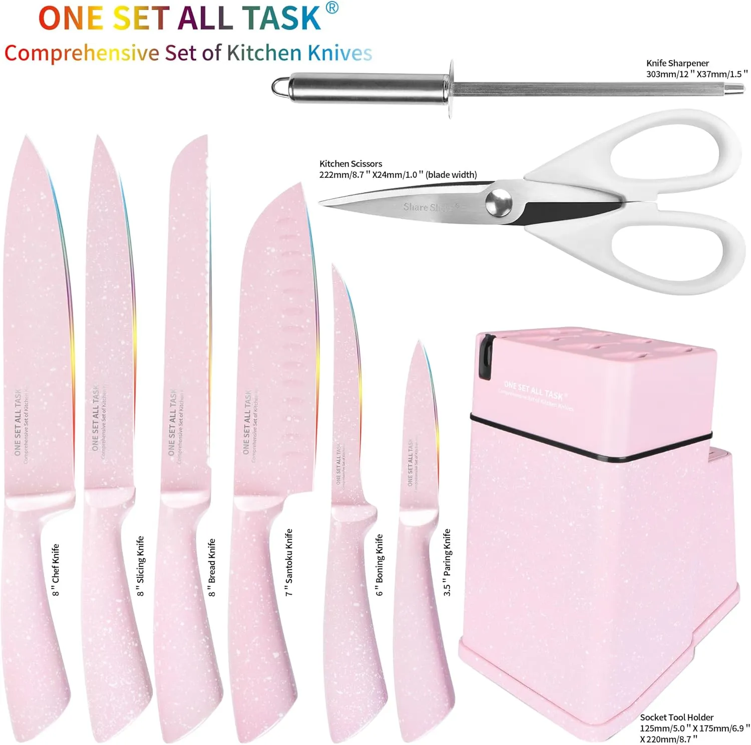 Knife Set with Block, High Carbon Stainless Steel Knife Block Set, Kitchen Knife Block Set with Built in Sharpener, Scissor, Chef, Bread, Santoku, Fruit, Boning, Serrated Bread Knife Set