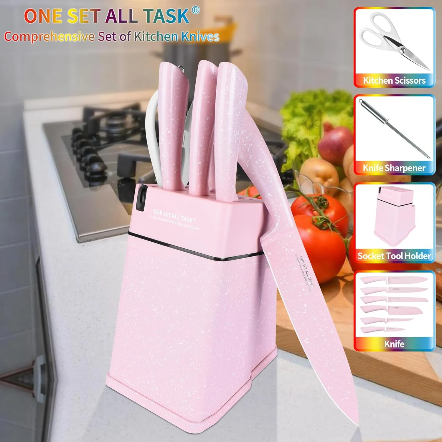 Knife Set with Block, High Carbon Stainless Steel Knife Block Set, Kitchen Knife Block Set with Built in Sharpener, Scissor, Chef, Bread, Santoku, Fruit, Boning, Serrated Bread Knife Set