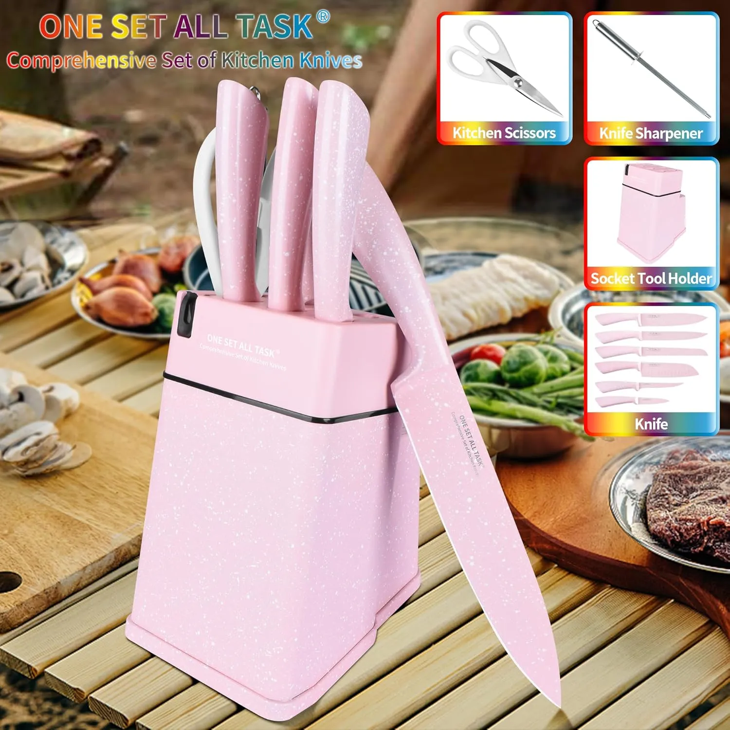 Knife Set with Block, High Carbon Stainless Steel Knife Block Set, Kitchen Knife Block Set with Built in Sharpener, Scissor, Chef, Bread, Santoku, Fruit, Boning, Serrated Bread Knife Set
