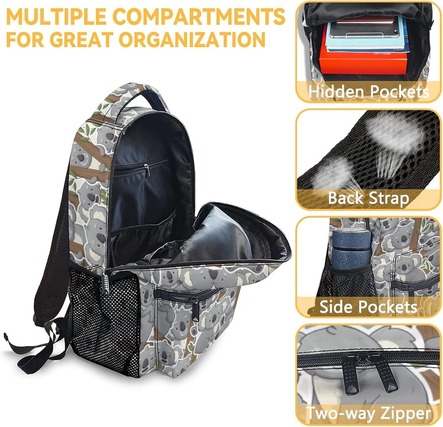 Koala Backpack for Girls Boys, 16 Inch Cute Backpack for School, Grey Lightweight Durable Bookbag for Kids