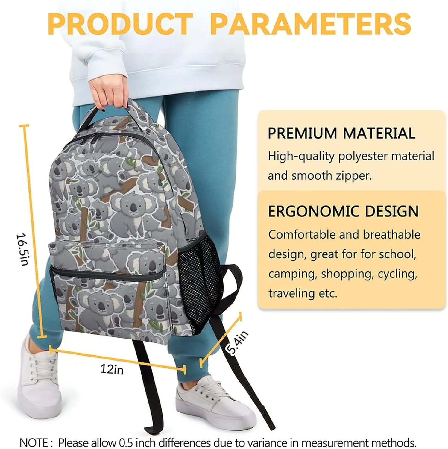 Koala Backpack for Girls Boys, 16 Inch Cute Backpack for School, Grey Lightweight Durable Bookbag for Kids
