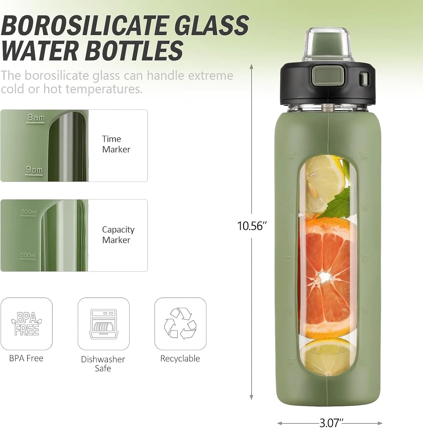 Kodrine Water Bottle With Straw and Carry Handle, Glass Water Bottle 24 oz Leak Proof Locking Lid with Soft Silicone Spout, Reusable Drinking Cups for Travel Sports with Time Marker,Olive