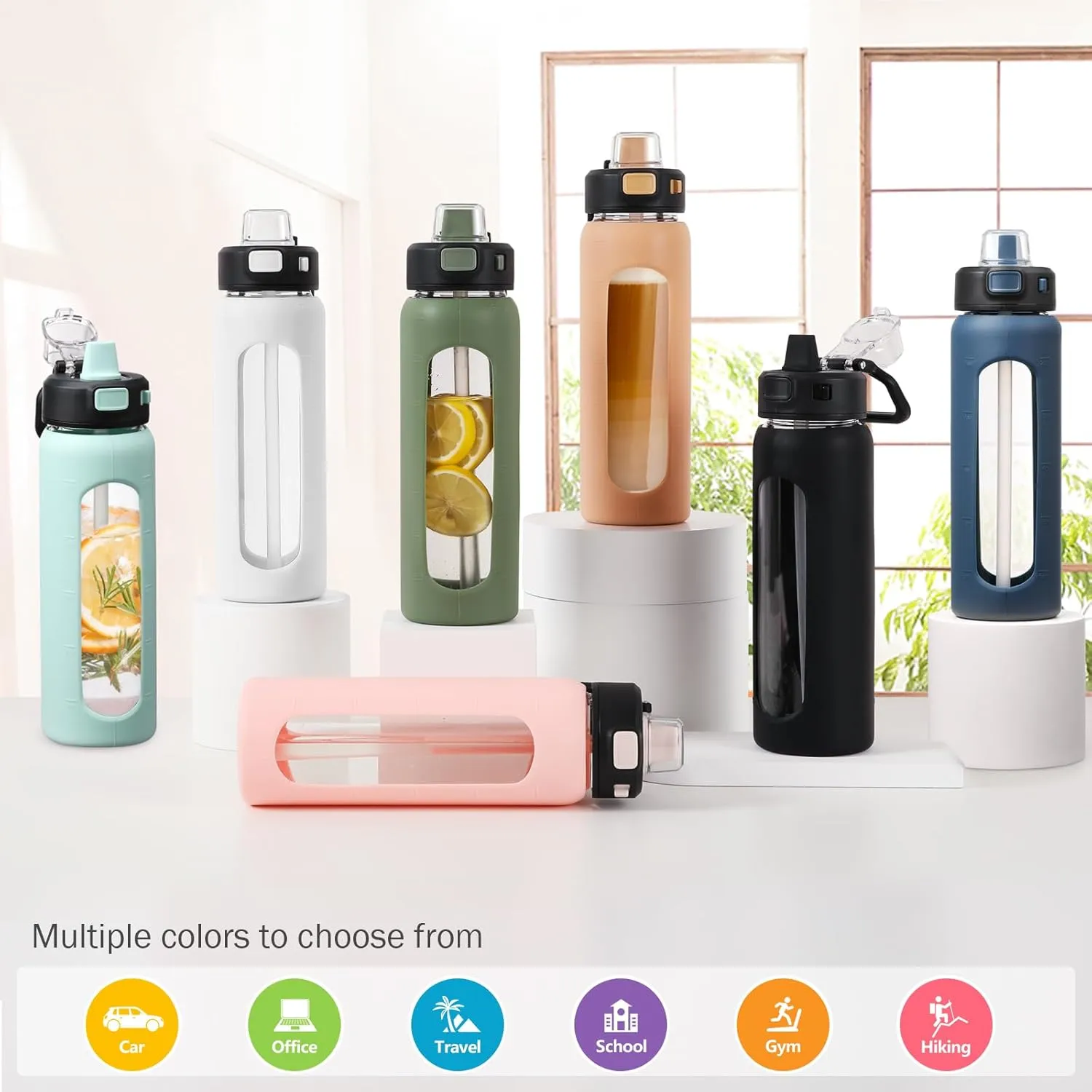 Kodrine Water Bottle With Straw and Carry Handle, Glass Water Bottle 24 oz Leak Proof Locking Lid with Soft Silicone Spout, Reusable Drinking Cups for Travel Sports with Time Marker,Olive