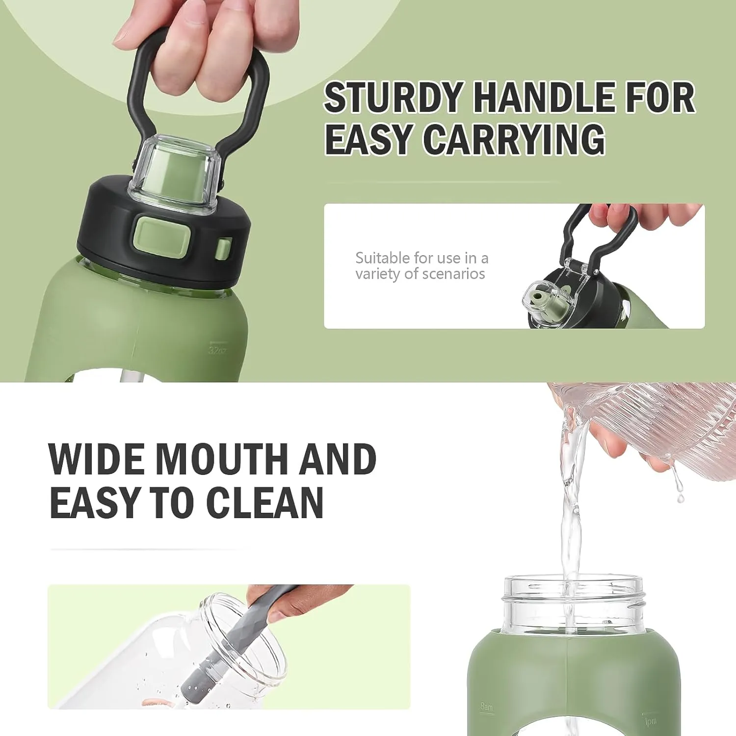 Kodrine Water Bottle With Straw and Carry Handle, Glass Water Bottle 24 oz Leak Proof Locking Lid with Soft Silicone Spout, Reusable Drinking Cups for Travel Sports with Time Marker,Olive