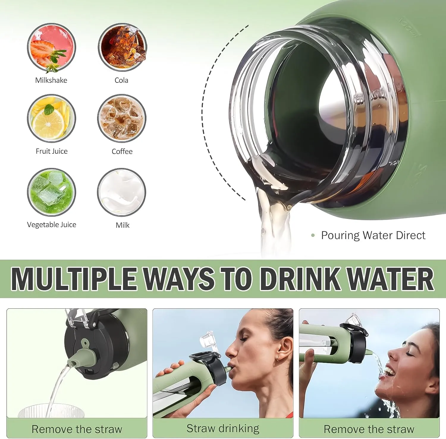Kodrine Water Bottle With Straw and Carry Handle, Glass Water Bottle 24 oz Leak Proof Locking Lid with Soft Silicone Spout, Reusable Drinking Cups for Travel Sports with Time Marker,Olive