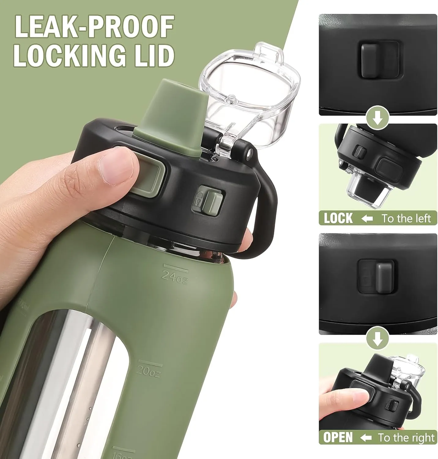 Kodrine Water Bottle With Straw and Carry Handle, Glass Water Bottle 24 oz Leak Proof Locking Lid with Soft Silicone Spout, Reusable Drinking Cups for Travel Sports with Time Marker,Olive