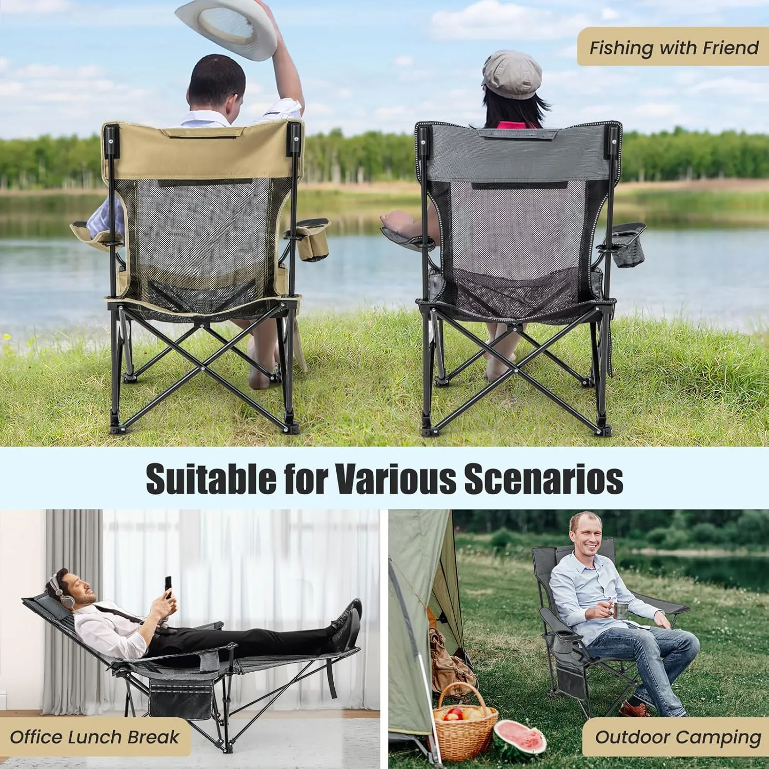 KOTEK Reclining Camping Chair, Portable Lounge Chair with Removable Foot Rest, Adjustable Backrest, Cup Holder & Carry Bag, Folding Camp Chair for Outdoor Traveling Fishing Hiking Picnic (2, Grey)