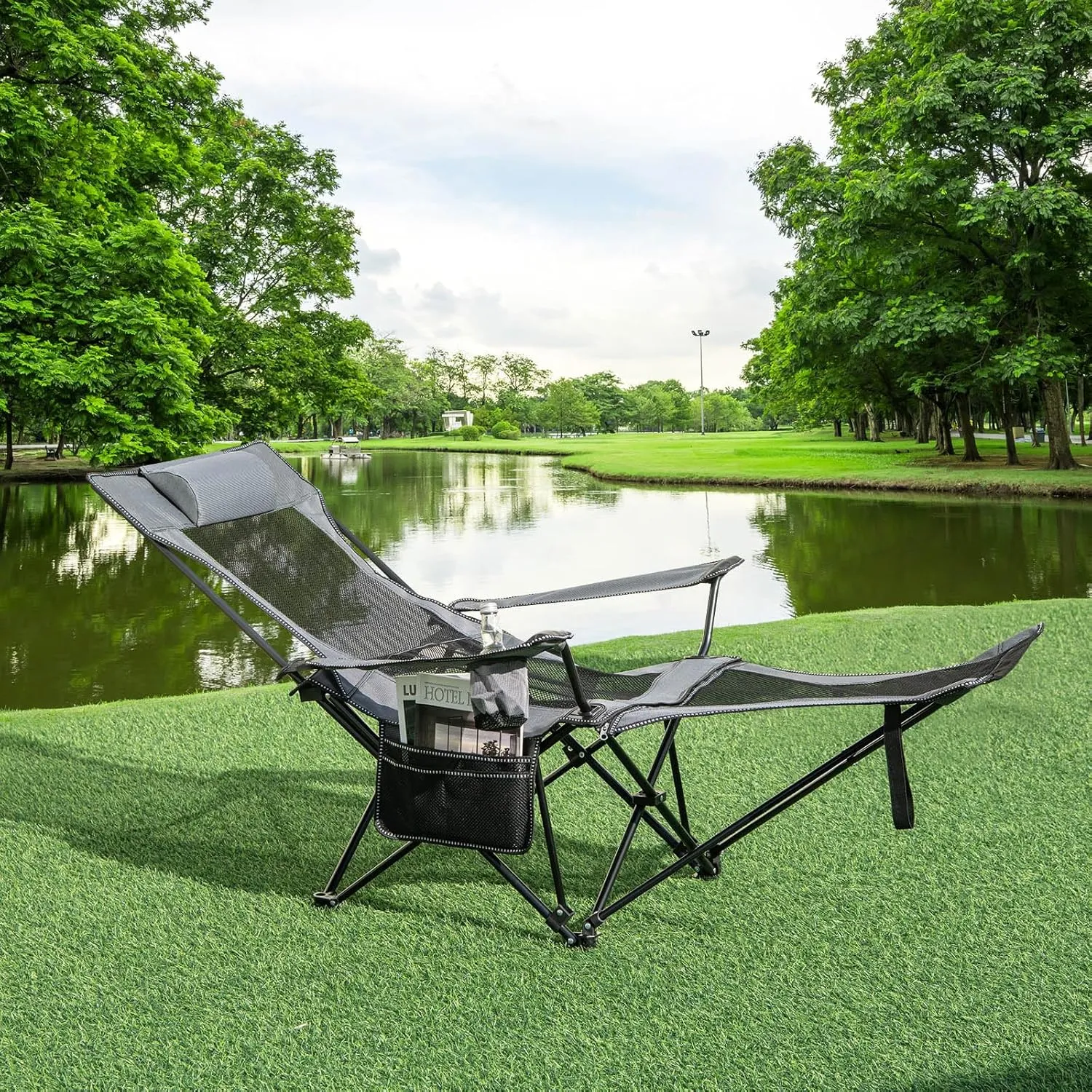 KOTEK Reclining Camping Chair, Portable Lounge Chair with Removable Foot Rest, Adjustable Backrest, Cup Holder & Carry Bag, Folding Camp Chair for Outdoor Traveling Fishing Hiking Picnic (2, Grey)