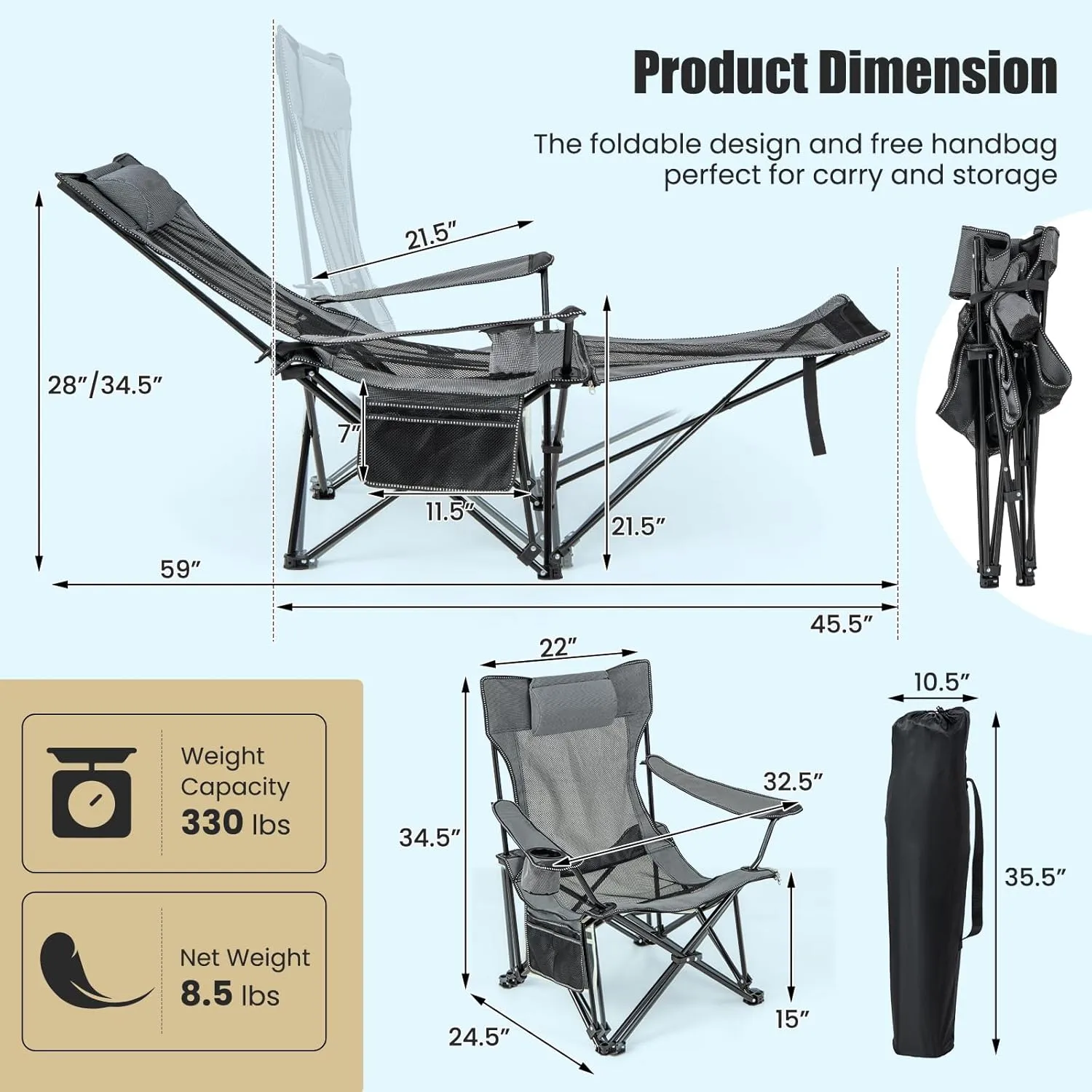 KOTEK Reclining Camping Chair, Portable Lounge Chair with Removable Foot Rest, Adjustable Backrest, Cup Holder & Carry Bag, Folding Camp Chair for Outdoor Traveling Fishing Hiking Picnic (2, Grey)