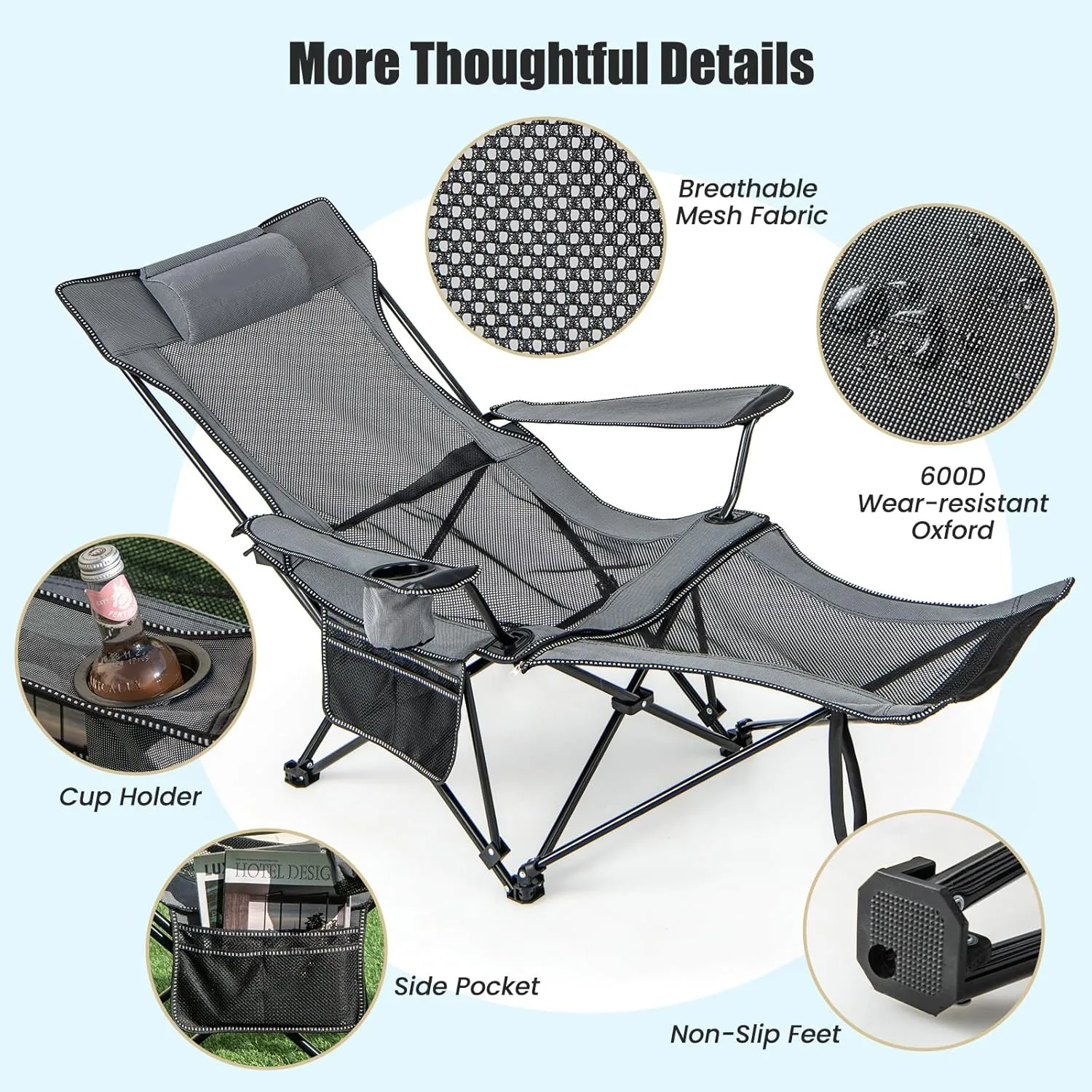 KOTEK Reclining Camping Chair, Portable Lounge Chair with Removable Foot Rest, Adjustable Backrest, Cup Holder & Carry Bag, Folding Camp Chair for Outdoor Traveling Fishing Hiking Picnic (2, Grey)