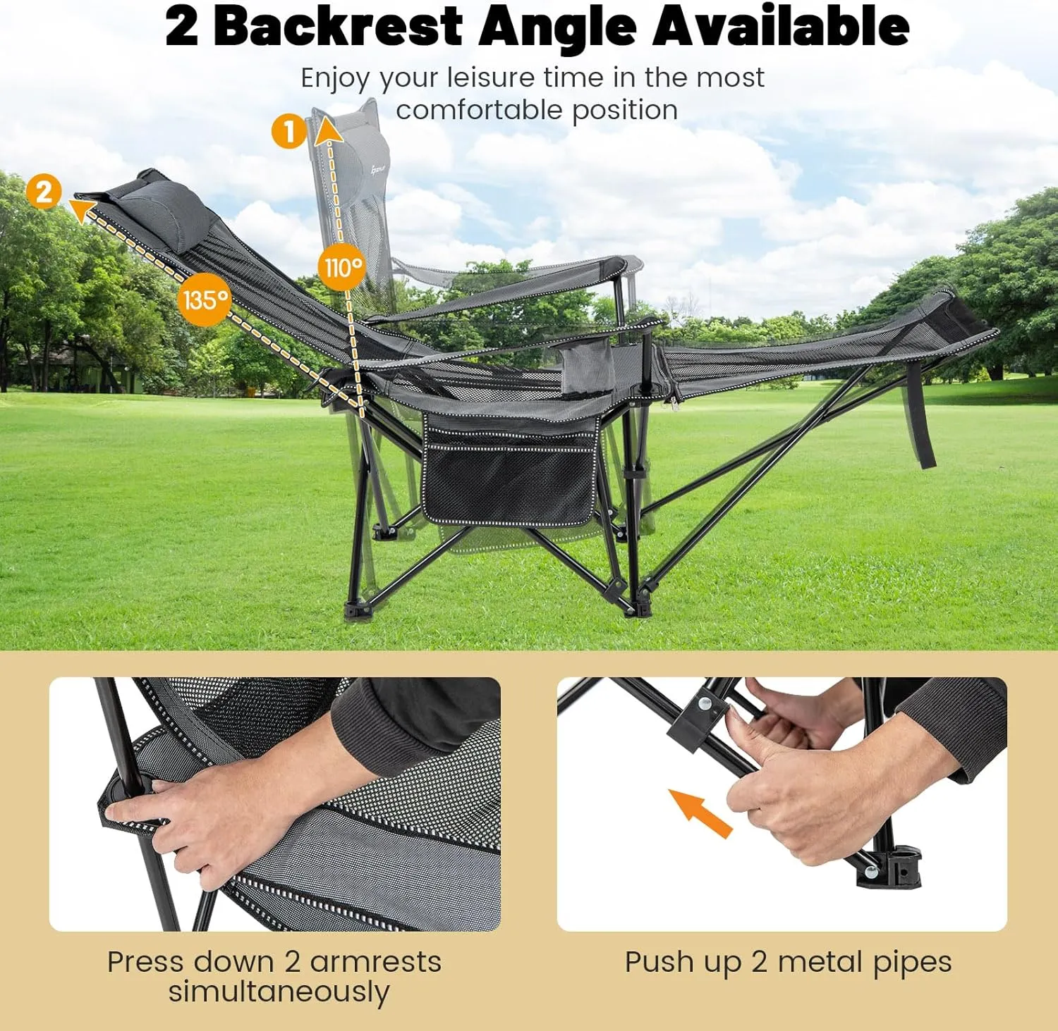 KOTEK Reclining Camping Chair, Portable Lounge Chair with Removable Foot Rest, Adjustable Backrest, Cup Holder & Carry Bag, Folding Camp Chair for Outdoor Traveling Fishing Hiking Picnic (2, Grey)