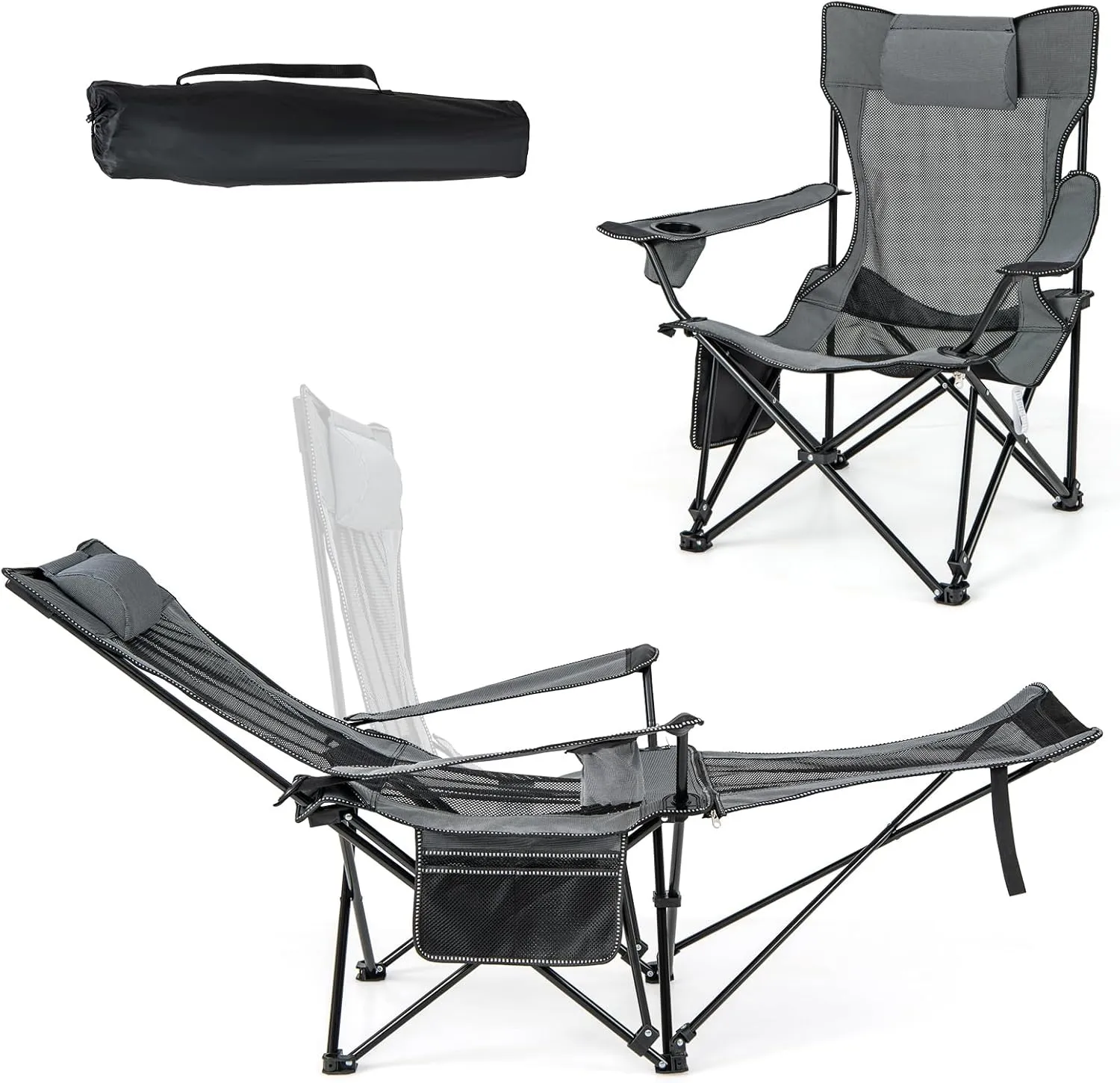KOTEK Reclining Camping Chair, Portable Lounge Chair with Removable Foot Rest, Adjustable Backrest, Cup Holder & Carry Bag, Folding Camp Chair for Outdoor Traveling Fishing Hiking Picnic (2, Grey)