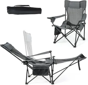 KOTEK Reclining Camping Chair, Portable Lounge Chair with Removable Foot Rest, Adjustable Backrest, Cup Holder & Carry Bag, Folding Camp Chair for Outdoor Traveling Fishing Hiking Picnic (2, Grey)