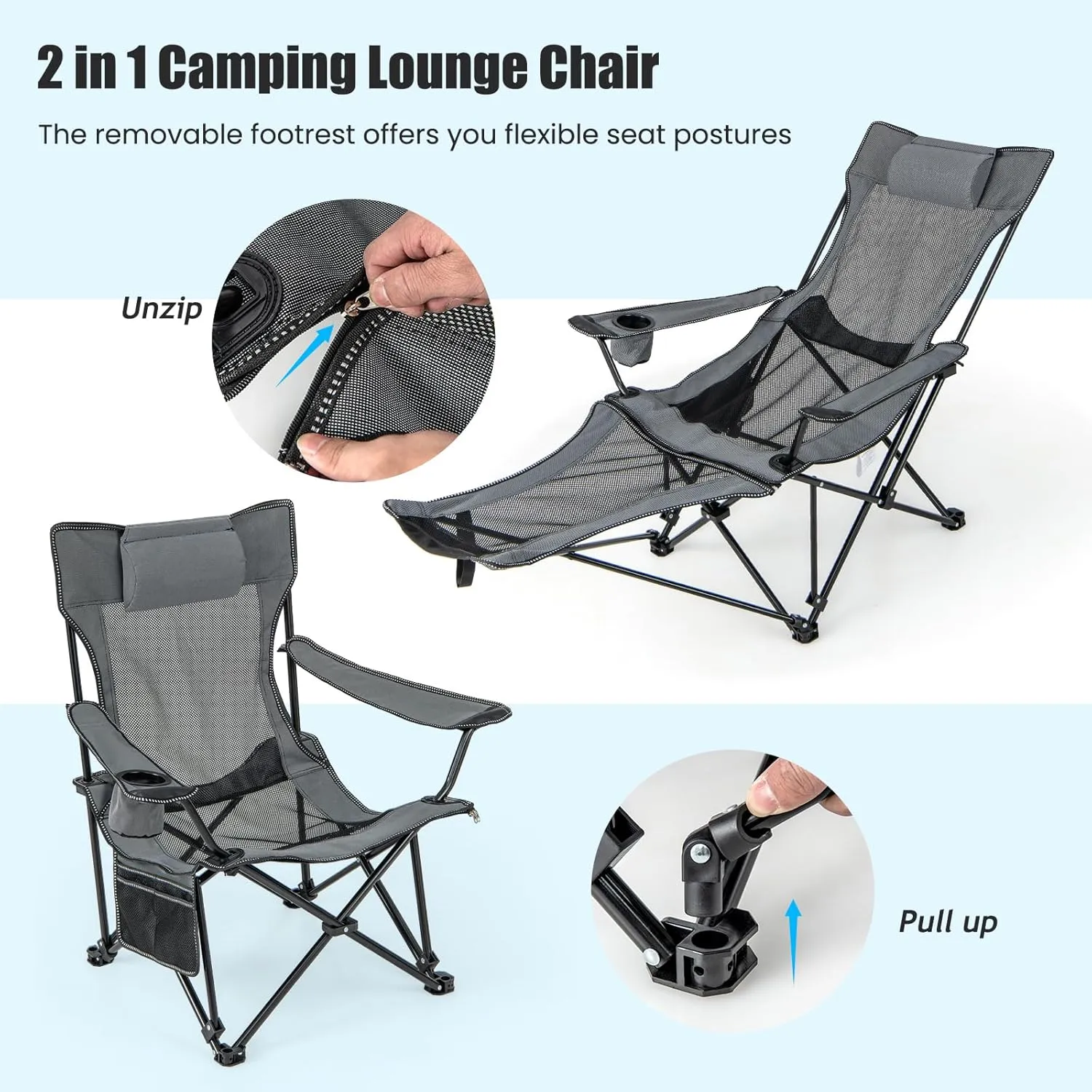 KOTEK Reclining Camping Chair, Portable Lounge Chair with Removable Foot Rest, Adjustable Backrest, Cup Holder & Carry Bag, Folding Camp Chair for Outdoor Traveling Fishing Hiking Picnic (2, Grey)