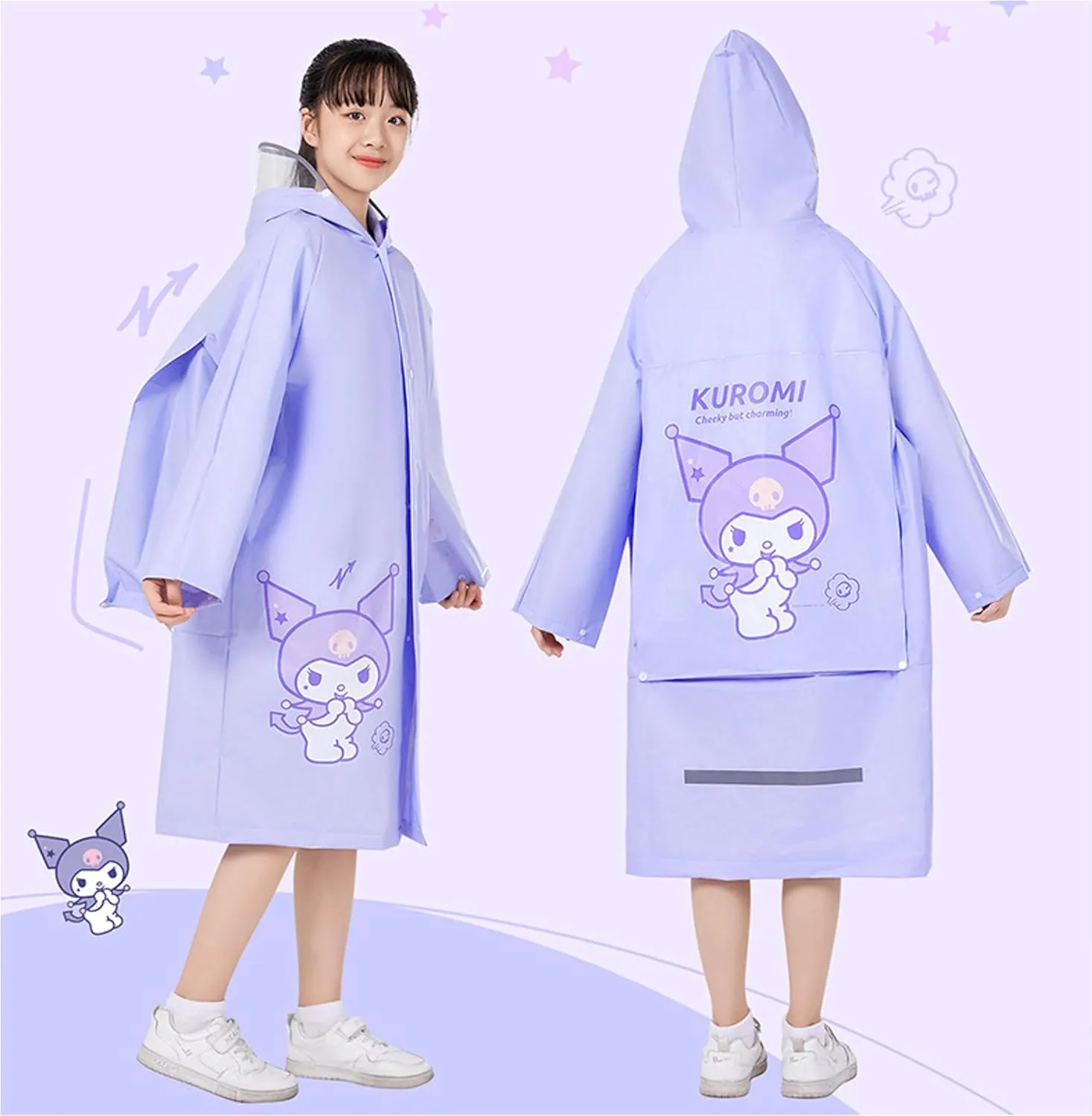 Kuromi Hooded Rain Coat Jacket Poncho Outwear for Girls Kids Children