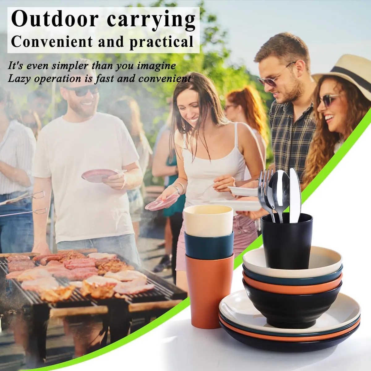 Kyraton Camping Utensils - Mess Kit for Travel, Picnic, Outdoor, Camping Gear - Silverware Set, Cup, Bowl, Plate - Essentials for 4