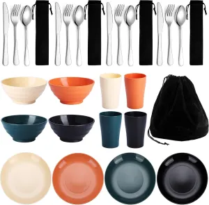 Kyraton Camping Utensils - Mess Kit for Travel, Picnic, Outdoor, Camping Gear - Silverware Set, Cup, Bowl, Plate - Essentials for 4