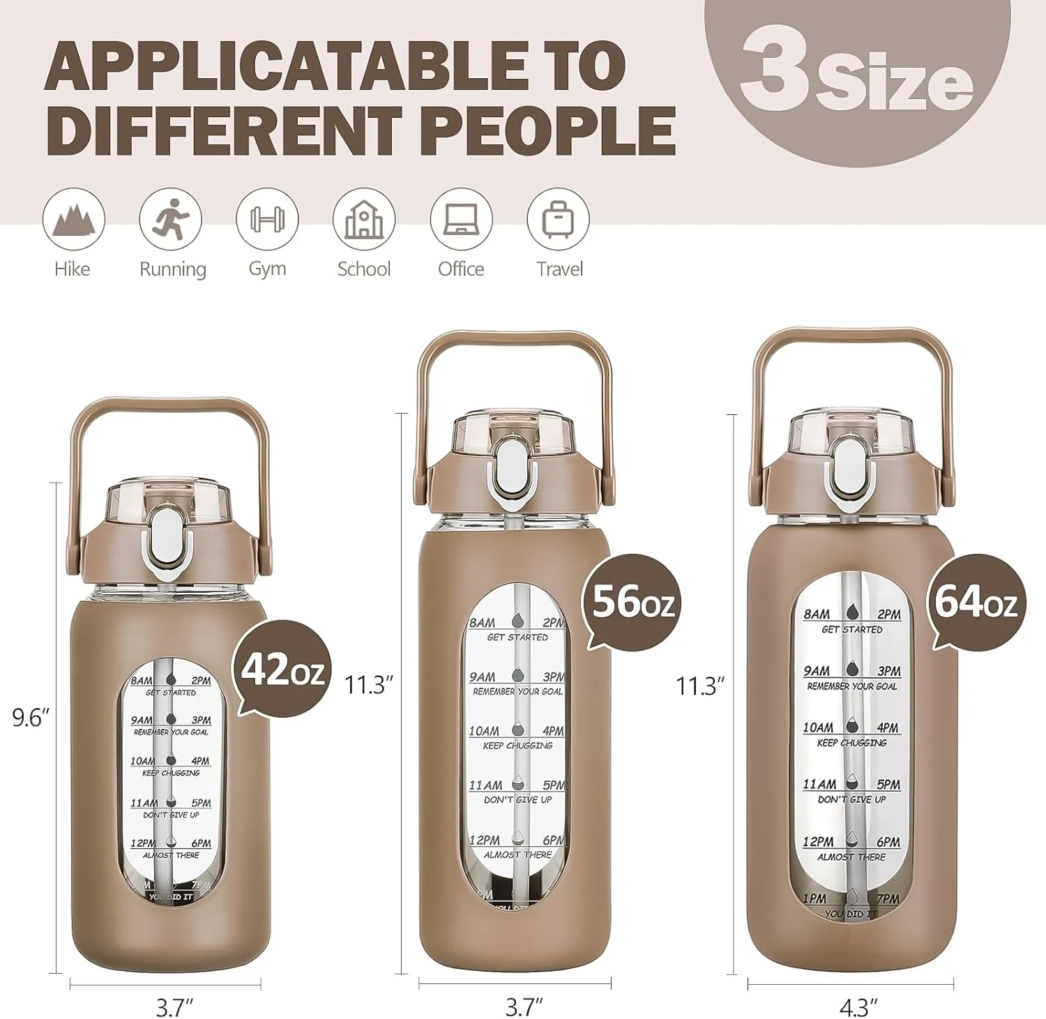 kytffu 56oz Glass Water Bottles with Straw, Motivational Glass Bottle with Silicone Sleeve and Time Marker, Leakproof Large Glass Water Jug for Gym Home Office,Amber