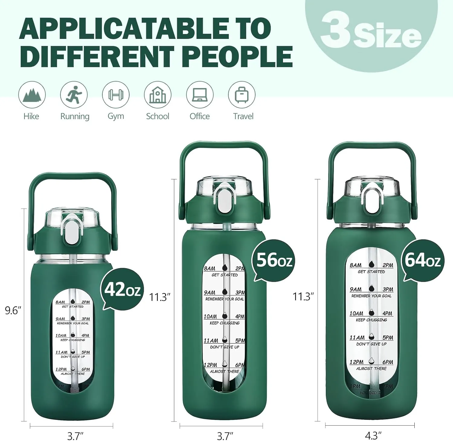 kytffu 56oz Glass Water Bottles with Straw, Motivational Glass Bottle with Silicone Sleeve and Time Marker, Leakproof Large Glass Water Jug for Gym Home Office,Ink green