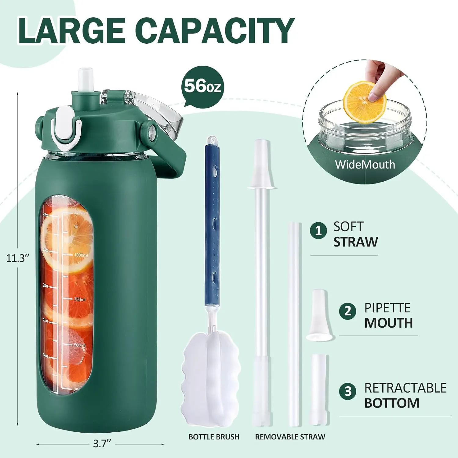 kytffu 56oz Glass Water Bottles with Straw, Motivational Glass Bottle with Silicone Sleeve and Time Marker, Leakproof Large Glass Water Jug for Gym Home Office,Ink green