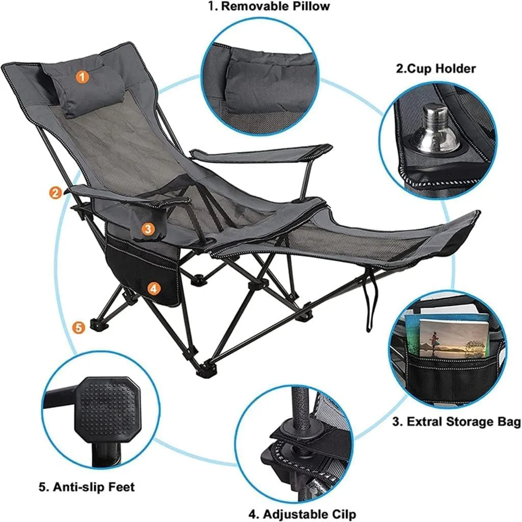 KYUSAR Camping Chair Outdoor Chair Foldable Chair Folding Recliner Chair Camping Folding Chair Beach Sun Patio Chaise Lounge Chair Pool Lawn Lounger Folding Camping Chair (Color : Grey)