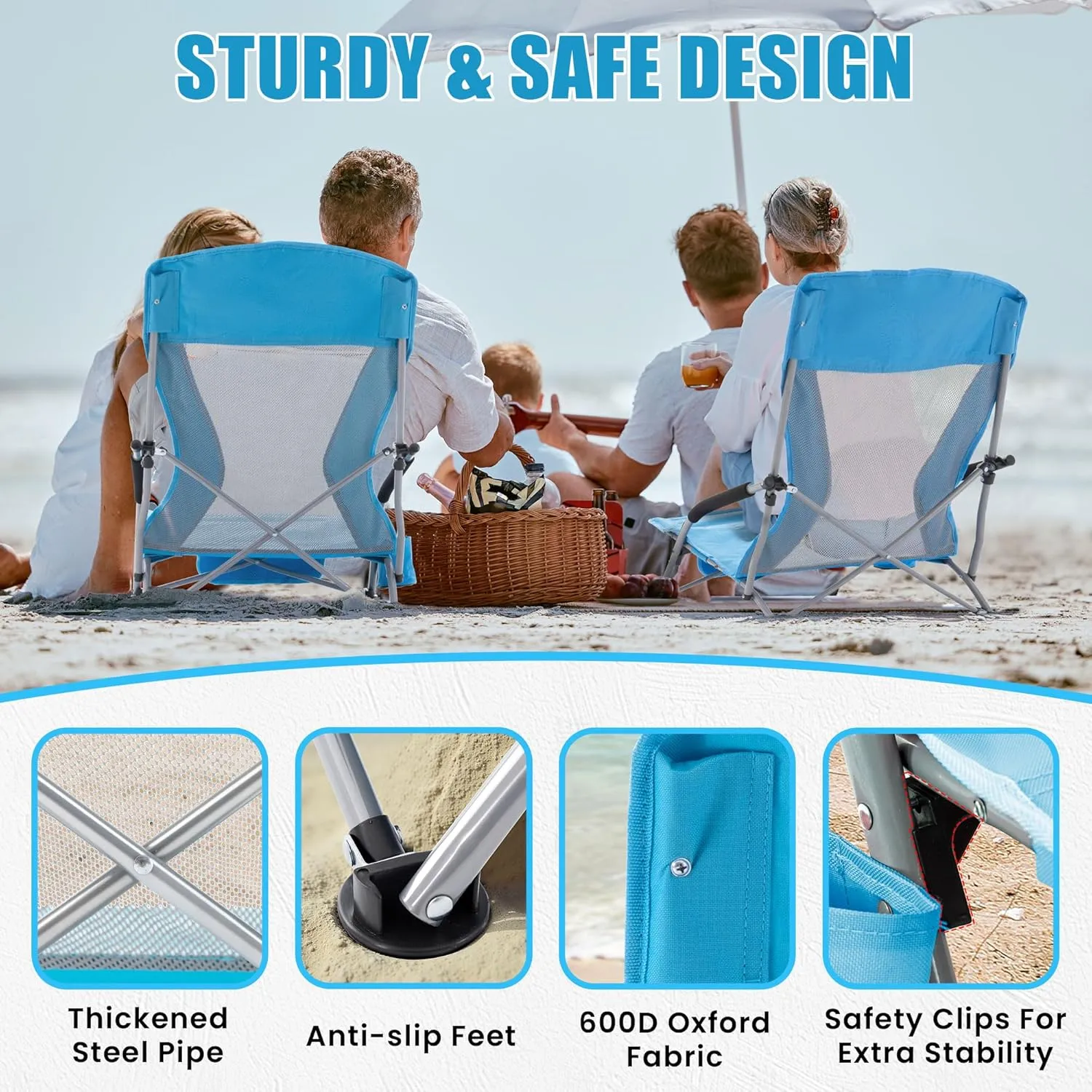 Lamberia Folding Beach Chair for Adults, Portable Low Beach Chairs with 300lbs Capacity, Lightweight Fodable Camping Chair for Travel, Picnic, Concert & Outdoor Activities, Blue