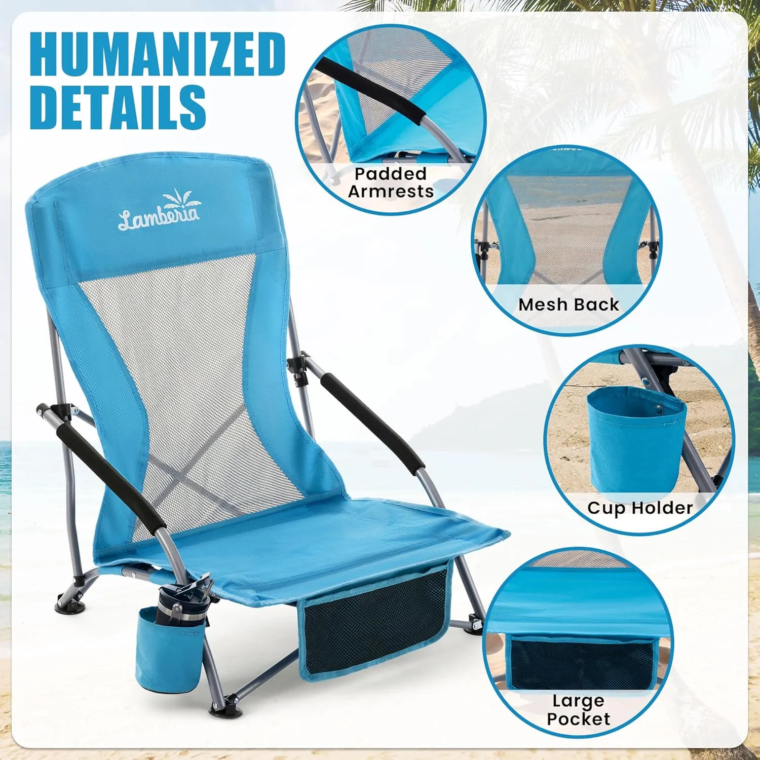 Lamberia Folding Beach Chair for Adults, Portable Low Beach Chairs with 300lbs Capacity, Lightweight Fodable Camping Chair for Travel, Picnic, Concert & Outdoor Activities, Blue