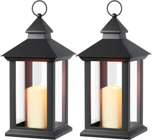 Lanterns Decorative Indoor & Outdoor - 2 Pack Black Candle Lantern, 13.3in Waterproof LED Lantern for Patio & Porch, Battery-Powered Hanging Vintage Lanterns with Timer for Weddings, Transparent