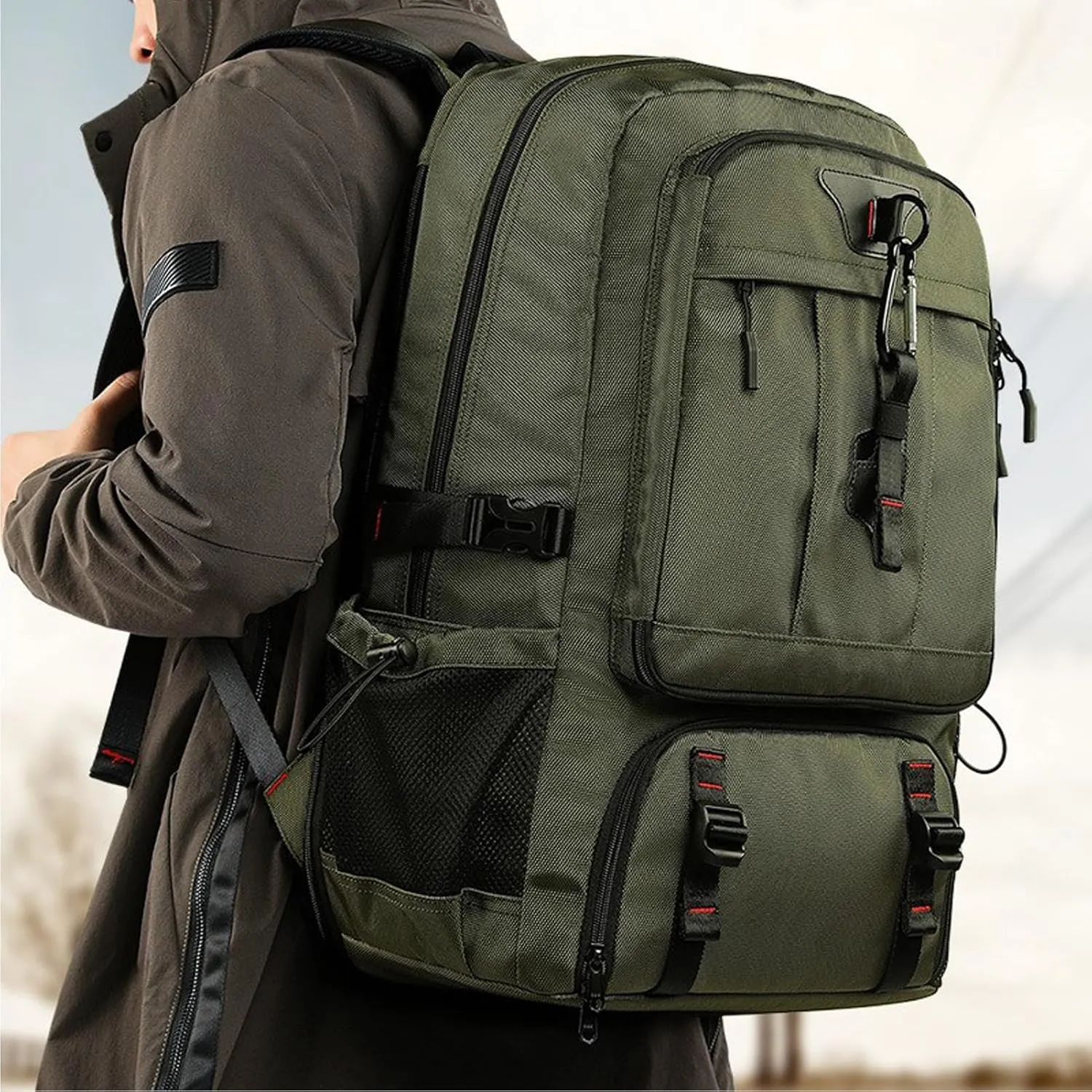 Large Capacity Hiking Backpack Outdoor Sports Travel Backpack for Men Women Waterproof Lightweight Wear-Resistant Shoulder Bag Suitable For Climbing Touring Expandable Capacity 60L Green