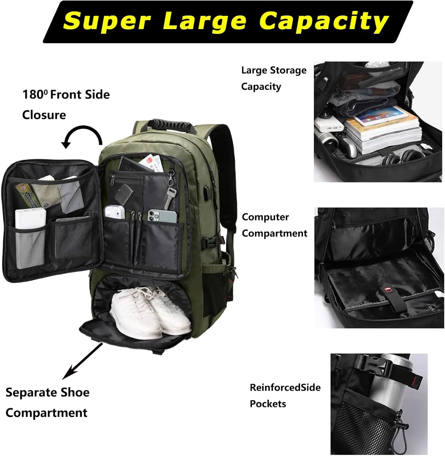Large Capacity Hiking Backpack Outdoor Sports Travel Backpack for Men Women Waterproof Lightweight Wear-Resistant Shoulder Bag Suitable For Climbing Touring Expandable Capacity 60L Green