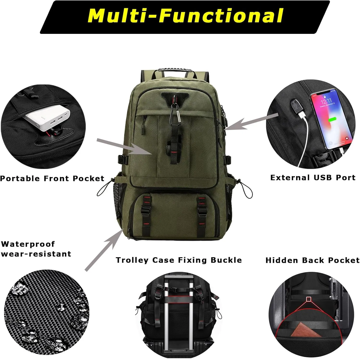 Large Capacity Hiking Backpack Outdoor Sports Travel Backpack for Men Women Waterproof Lightweight Wear-Resistant Shoulder Bag Suitable For Climbing Touring Expandable Capacity 60L Green