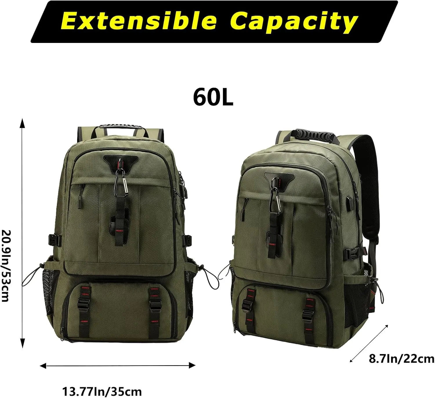 Large Capacity Hiking Backpack Outdoor Sports Travel Backpack for Men Women Waterproof Lightweight Wear-Resistant Shoulder Bag Suitable For Climbing Touring Expandable Capacity 60L Green