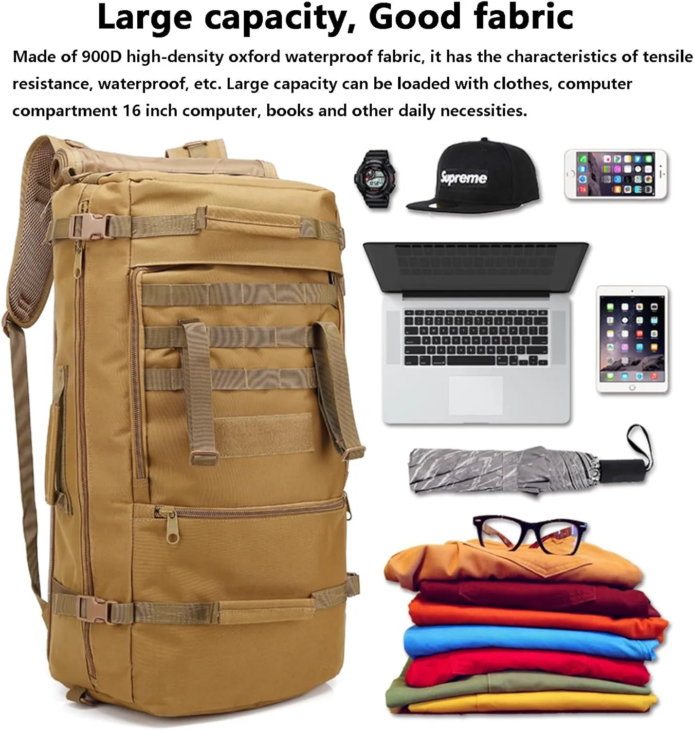 Large Capacity Tactical Backpack Travel Rucksack Bag, Great Outdoor Duffle Bag for Men and Women, 60L(Brown)