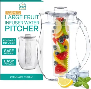 Large Fruit Infuser Water Pitcher (2.9 Quart / 93 Oz) – Shatterproof Acrylic Infusion Jug for Iced Tea, Juice, Beverages, Water, Lemon, Fruit & Herbs – BPA Free