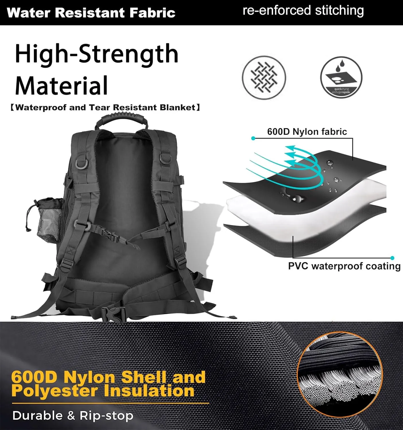 Large Military Bug Out Bag 3 Day Pack Expandable Backpack Army Daypack for Outdoor Hiking Hunting (Black)