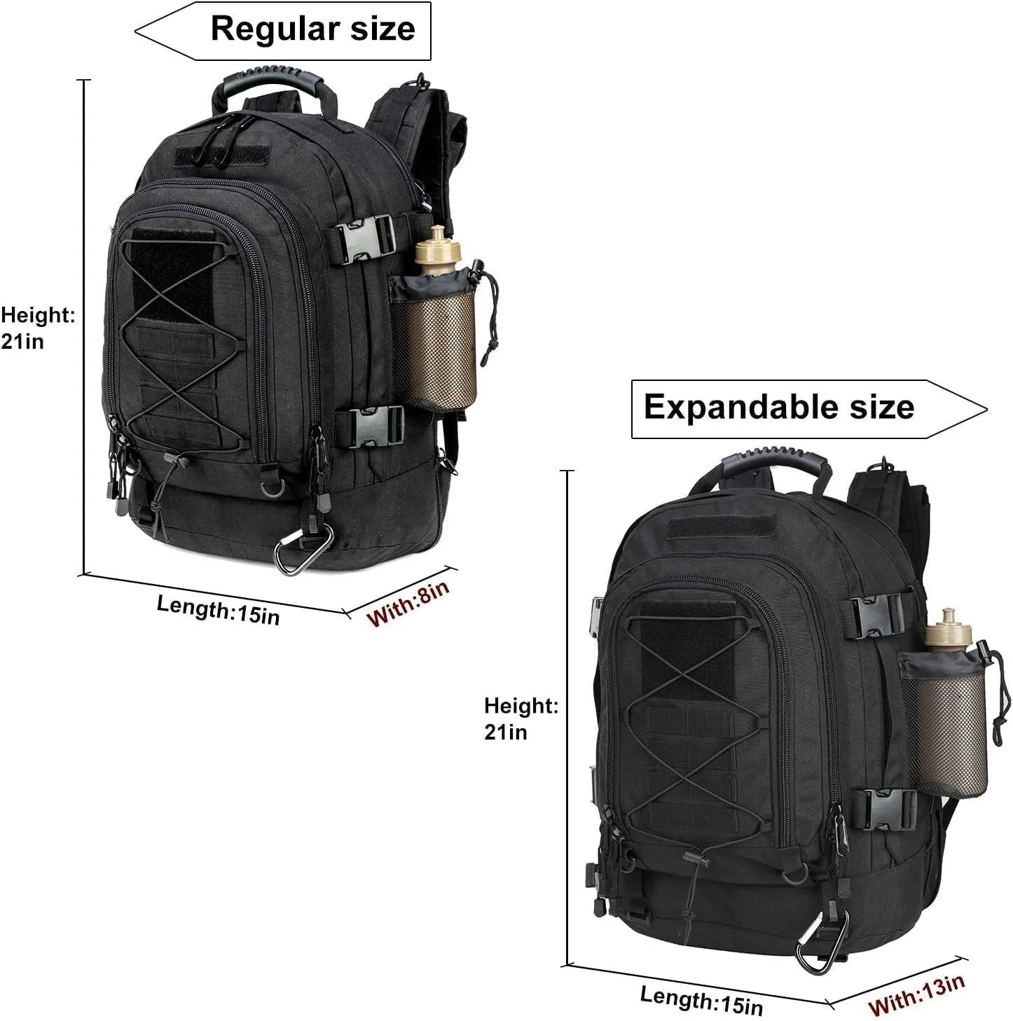 Large Military Bug Out Bag 3 Day Pack Expandable Backpack Army Daypack for Outdoor Hiking Hunting (Black)