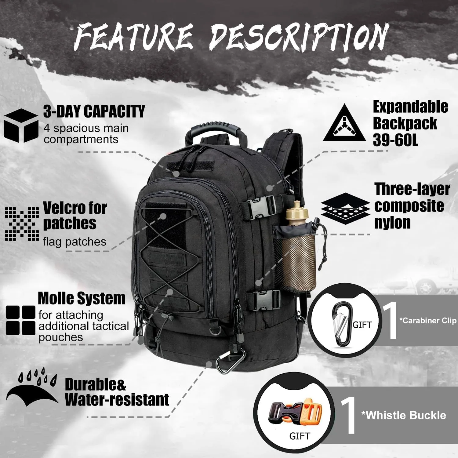 Large Military Bug Out Bag 3 Day Pack Expandable Backpack Army Daypack for Outdoor Hiking Hunting (Black)