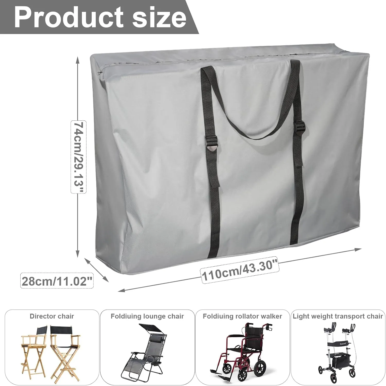 Large Outside Chair Storage Bag, Uranshin 600D Chair Carry Bag for Zero Gravity Chair Cover, Heavy Duty Folding Lounge Chair Carrying Case Bags with Zippers 43" L x 11" W x 29" H (Gray - 2 Pack)