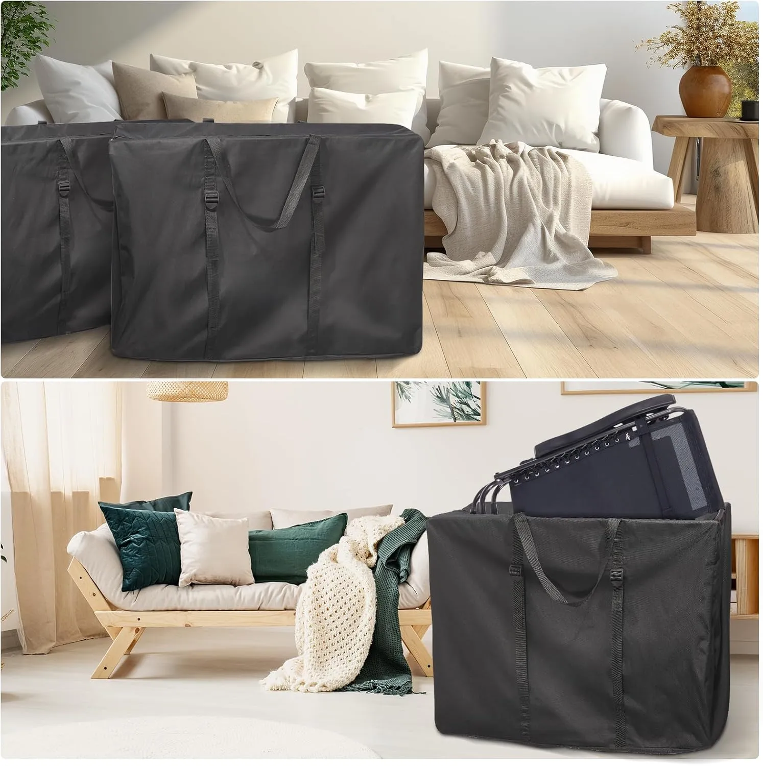 Large Outside Folding Chair Storage Bag with Zipper Handles and adjustable straps, 600D Folding Chair Carry Bag for Zero Gravity Chair Cover, Portable Folding Lounge Chair Carrying Bags (Black)