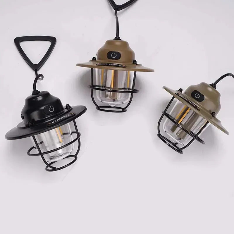 LED Camping Lamp Retro Hanging Lamp Portable Stepless Dimming Camping Light Waterproof Rechargeable Outdoor Light Lantern
