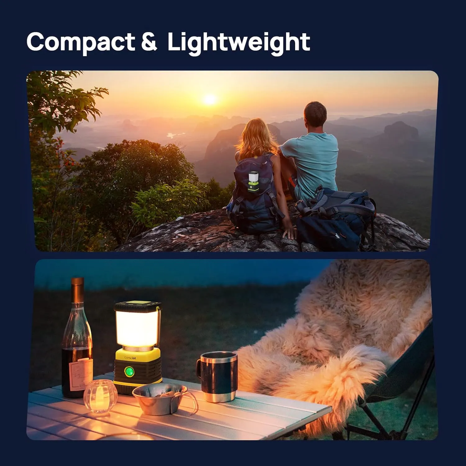 LED Camping Lantern, Consciot Battery Powered Camping Lights, 1000LM, 4 Light Modes, IPX4 Waterproof Tent Lights, Portable Flashlight for Power Outages, Emergency, Hurricane, Hiking, 2-Pack