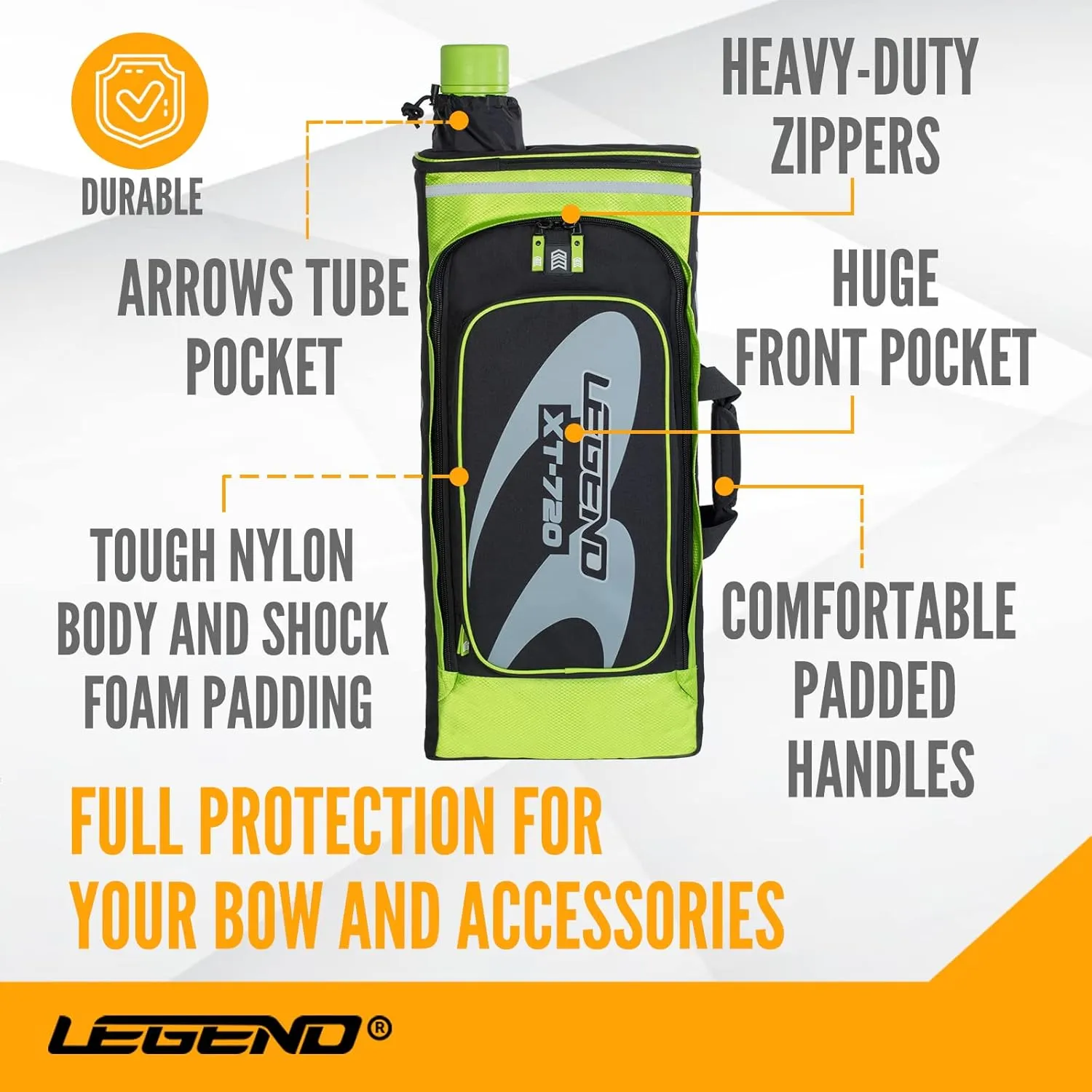 Legend XT720 Takedown Recurve Bow Case - Protective Nylon Archery Backpack Bag, Padded Recurve Bow and Arrow Case for Archery Accessories & Gears with Multiple Pockets, Arrow Tube Included